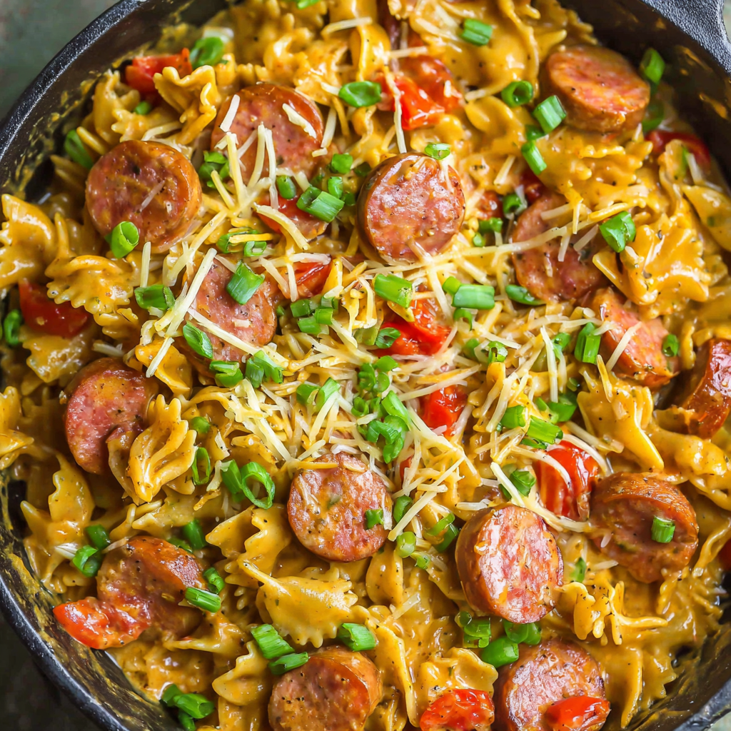 One Pan Cheesy Smoked Sausage Pasta Skillet