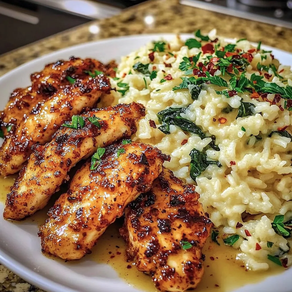 Creamy Parmesan Spinach Rice w/ Spicy Garlic Chicken