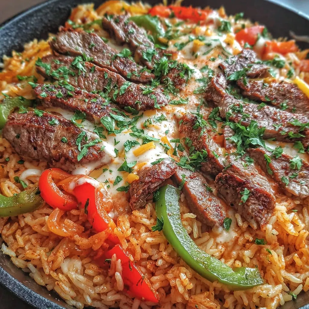 Queso Steak Fajita Skillet Over Mexican Rice
