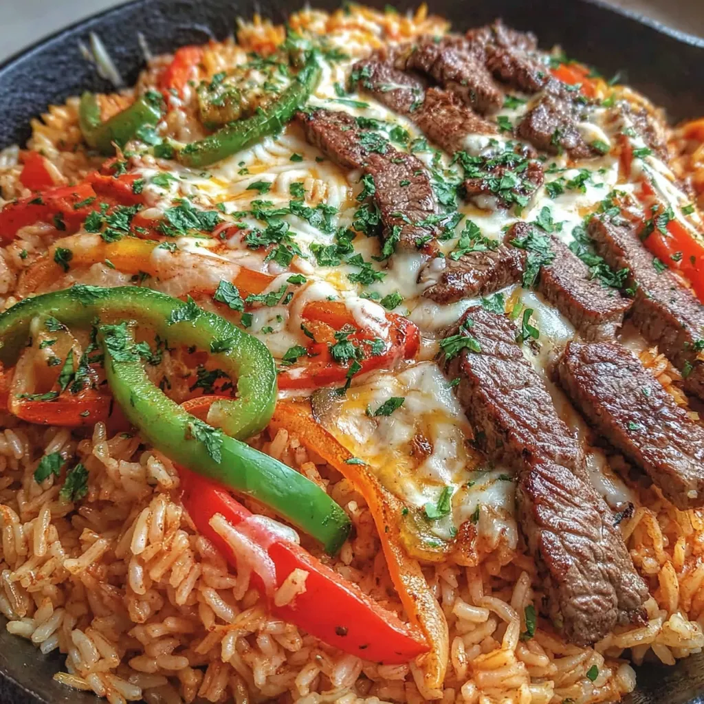Queso Steak Fajita Skillet Over Mexican Rice