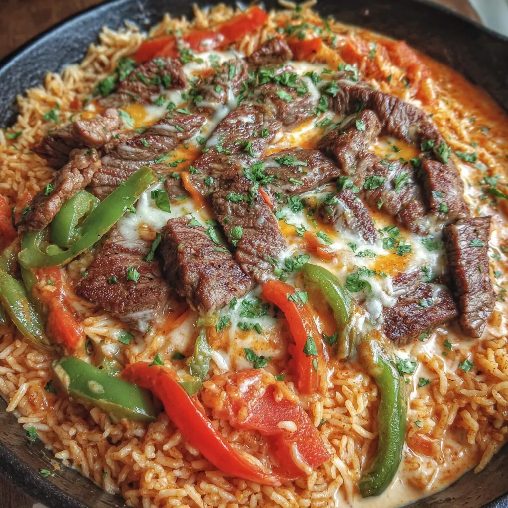 Queso Steak Fajita Skillet Over Mexican Rice
