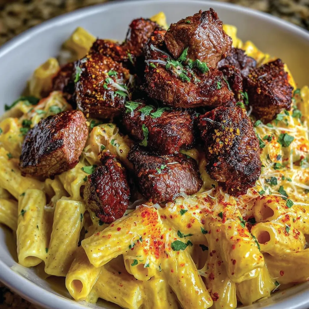Garlic Butter Steak Bites Over Creamy Pepper Jack Penne