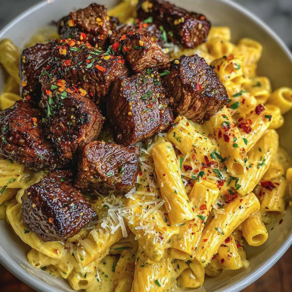 Garlic Butter Steak Bites Over Creamy Pepper Jack Penne