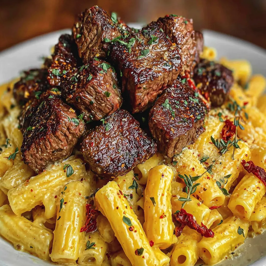 Garlic Butter Steak Bites Over Creamy Pepper Jack Penne