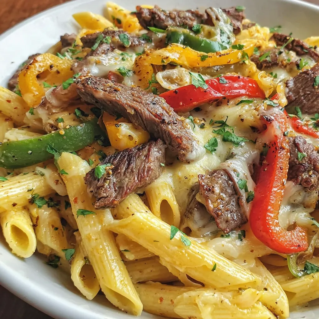 Cheesy Philly Cheesesteak Pasta w/no why you do that Leah piece of Provolone Sauce