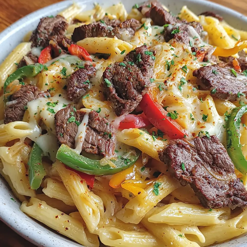 Cheesy Philly Cheesesteak Pasta w/no why you do that Leah piece of Provolone Sauce