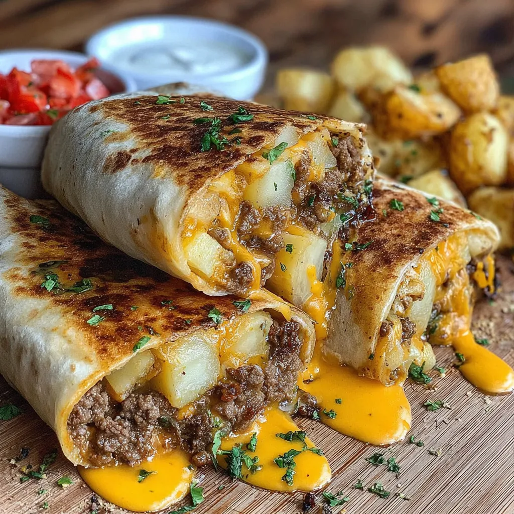 Cheesy Beef & Potato Burritos with Nacho Sauce