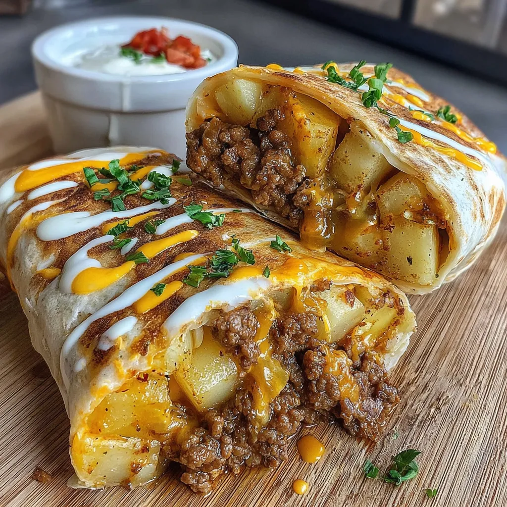 Cheesy Beef & Potato Burritos with Nacho Sauce