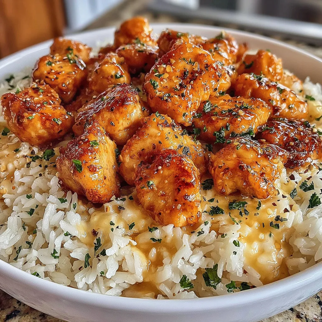 HONEY GARLIC CHICKEN BITES OVER CREAMY RICE