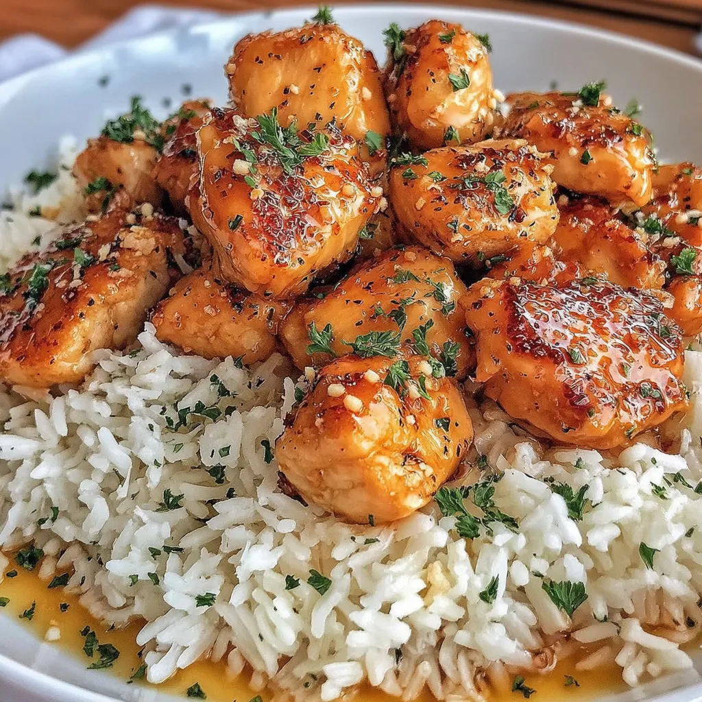 HONEY GARLIC CHICKEN BITES OVER CREAMY RICE