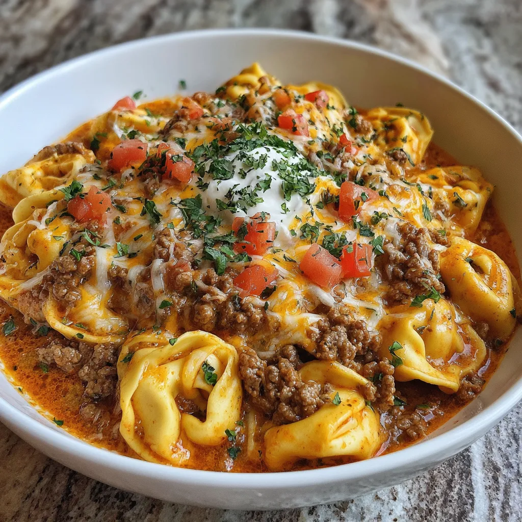 One-Pot Cheesy Enchilada Tortellini with Beef Ingredients: