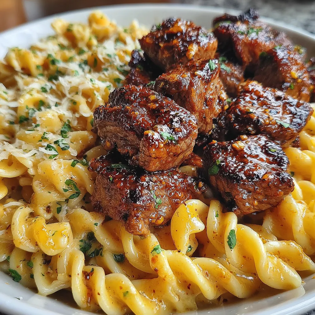 Garlic Butter Steak Bites & Creamy Alfredo Pasta
