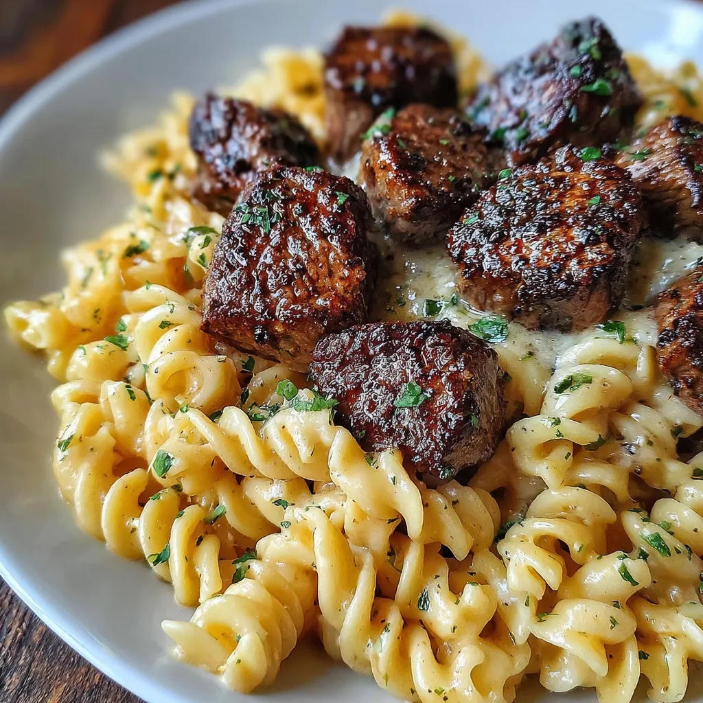 Garlic Butter Steak Bites & Creamy Alfredo Pasta