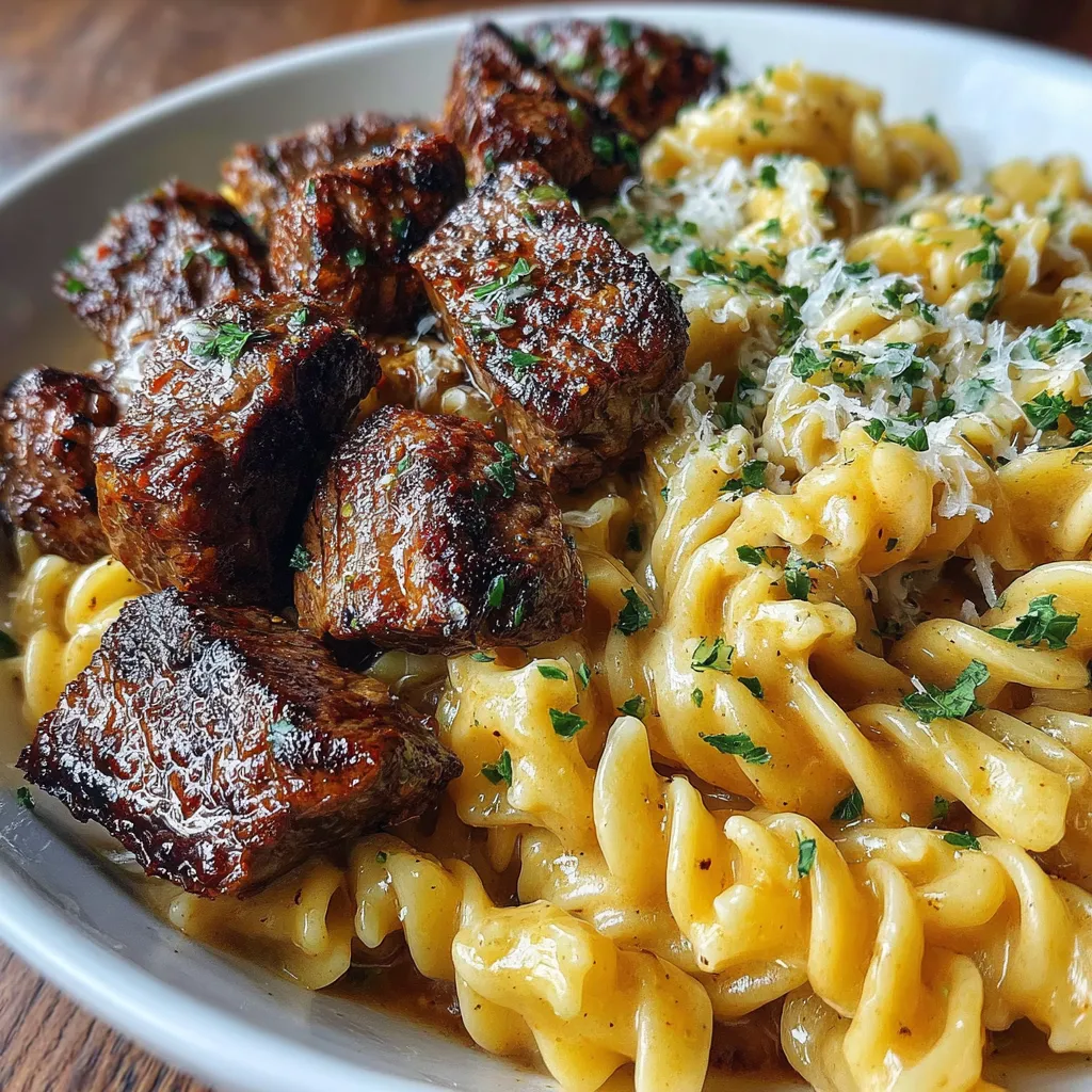 Garlic Butter Steak Bites & Creamy Alfredo Pasta