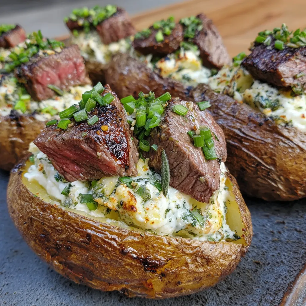 Grilled Steak Bite Loaded Baked Potatoes with Garlic Herb Butter