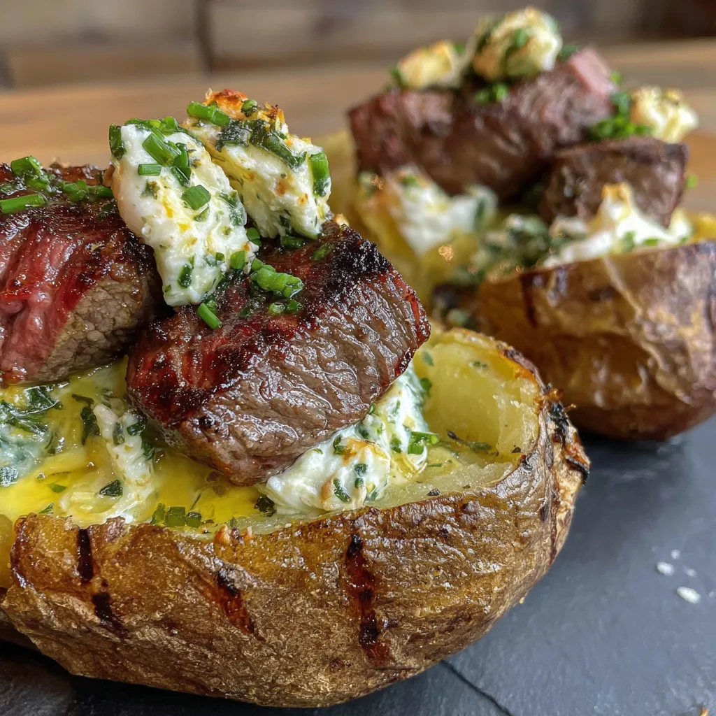 Grilled Steak Bite Loaded Baked Potatoes with Garlic Herb Butter