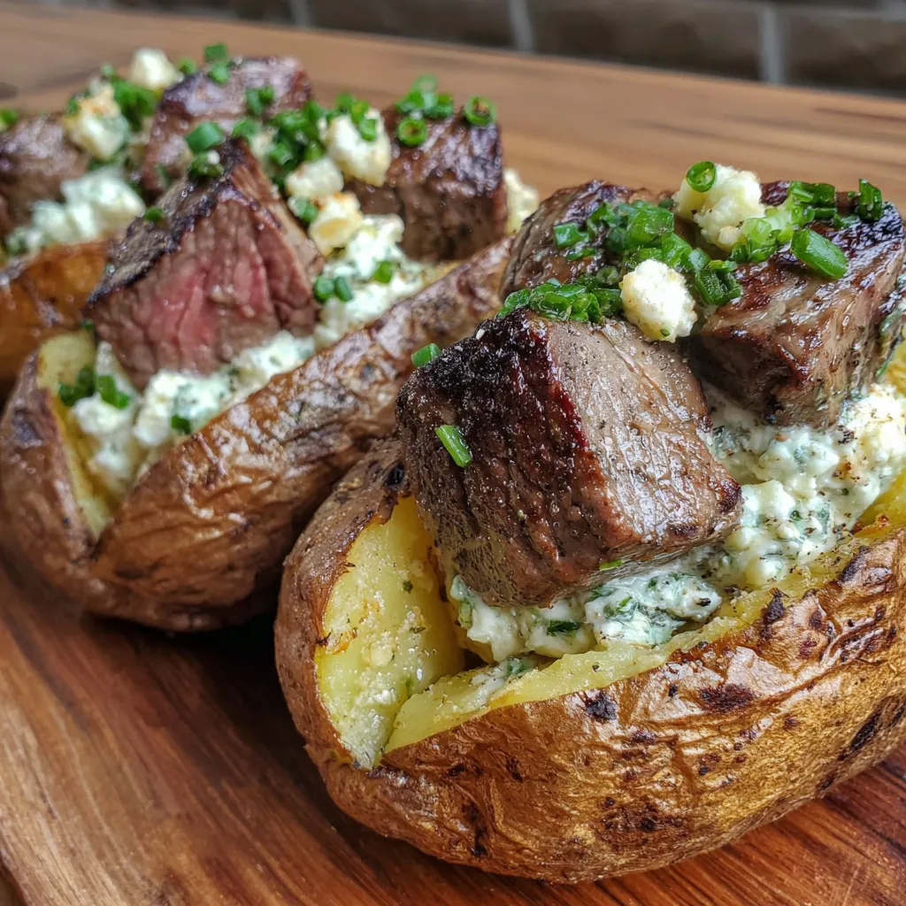 Grilled Steak Bite Loaded Baked Potatoes with Garlic Herb Butter
