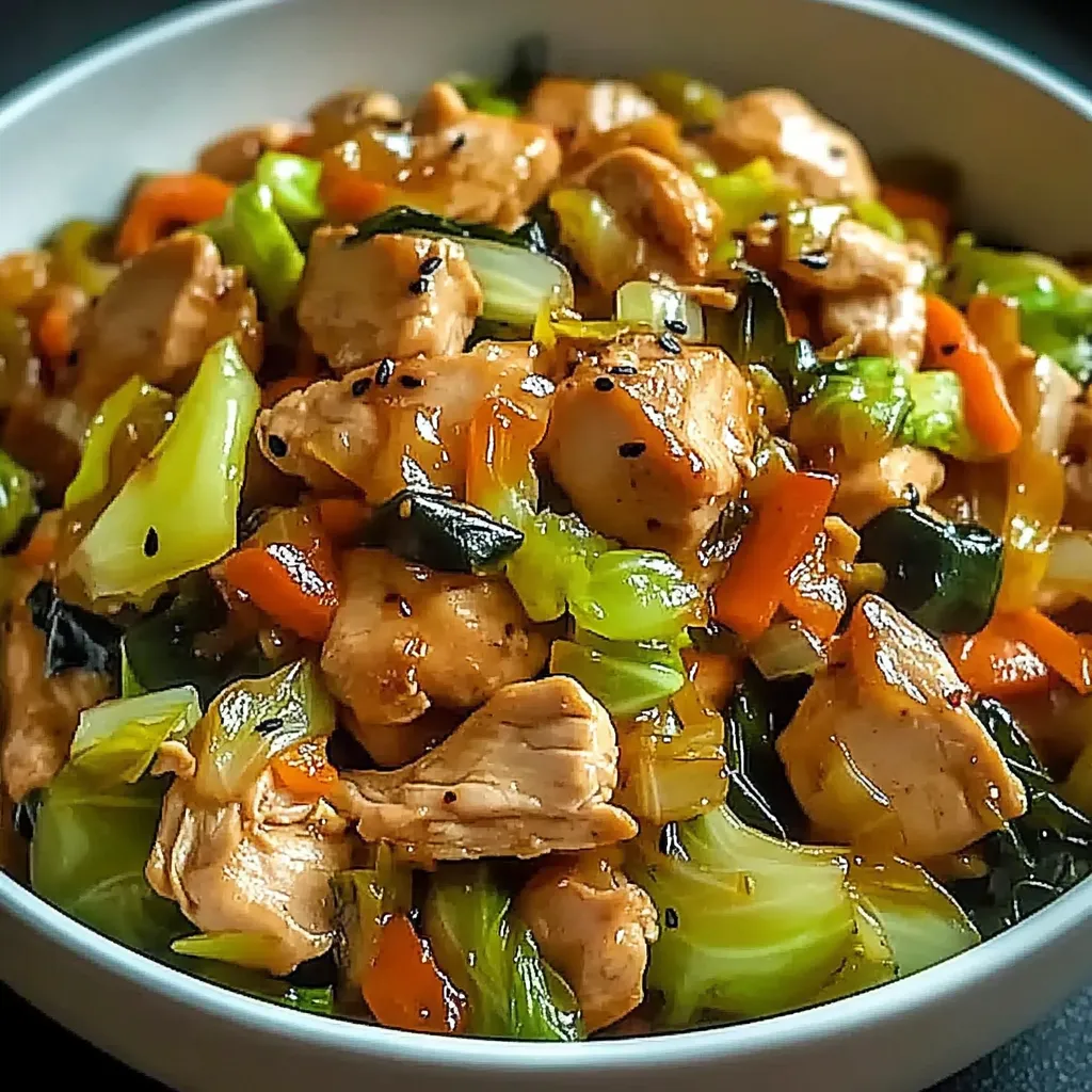 A bowl of chicken and vegetables.