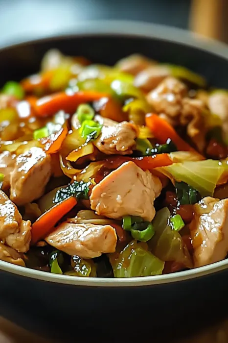A bowl of chicken and vegetables.