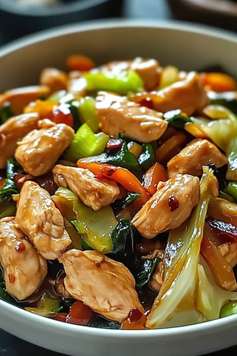 A plate of food with chicken and vegetables.