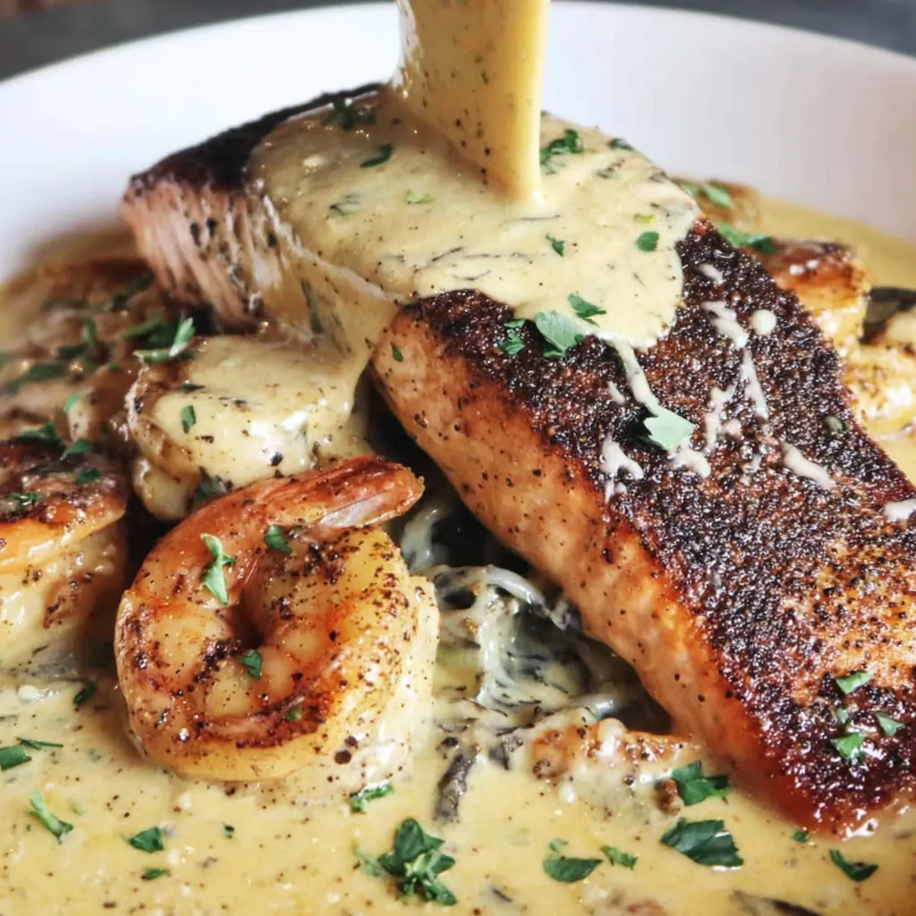 Blackened Salmon with Shrimp Cream Sauce