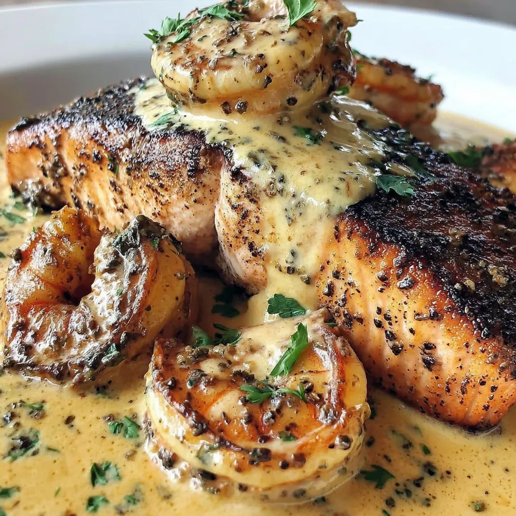 Blackened Salmon with Shrimp Cream Sauce