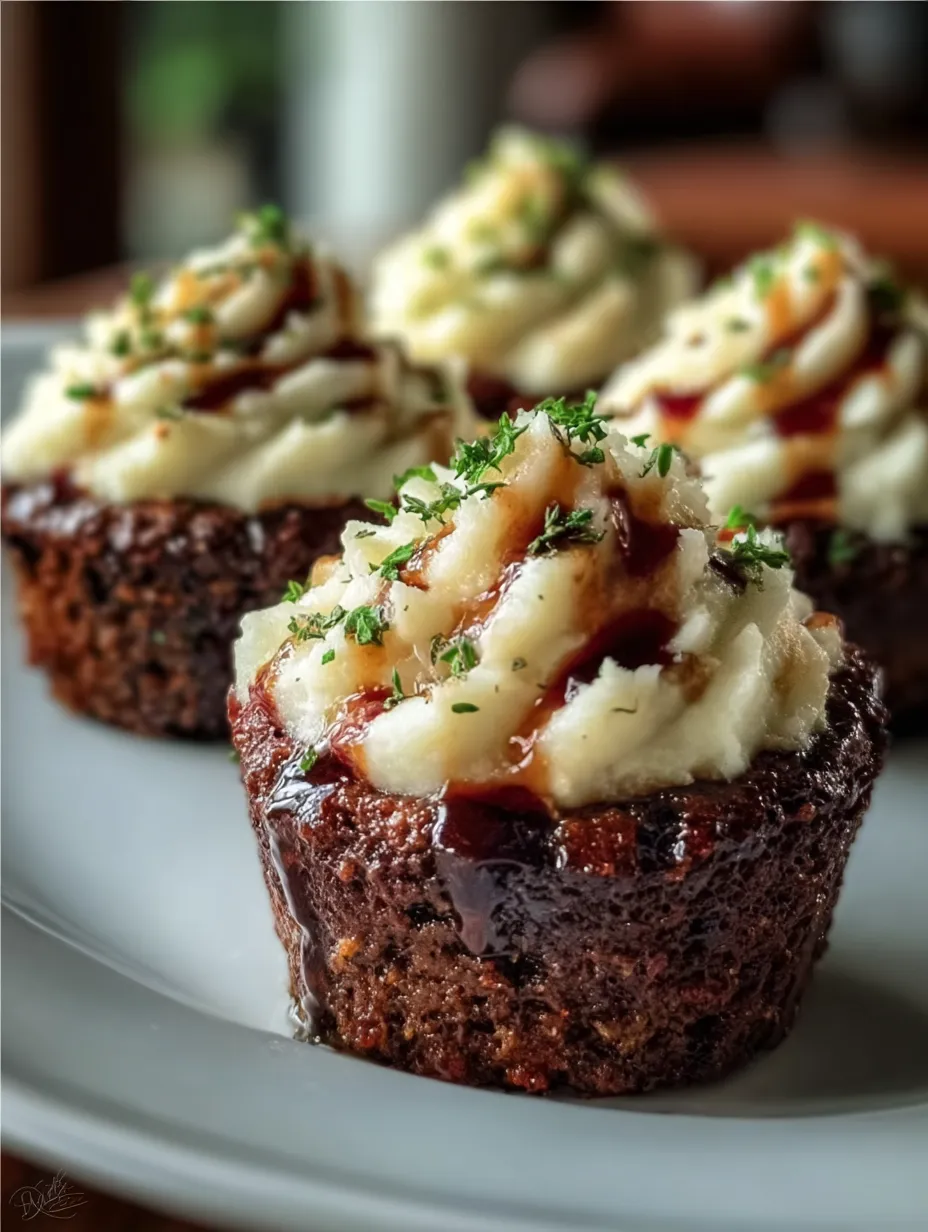 Three miniature cakes with mashed potatoes and gravy.