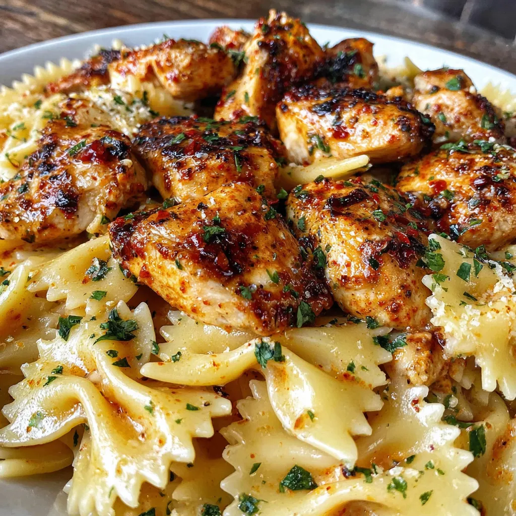 SPICY CAJUN CHICKEN BOWTIE PASTA IN CHEESY ALFREDO SAUCE