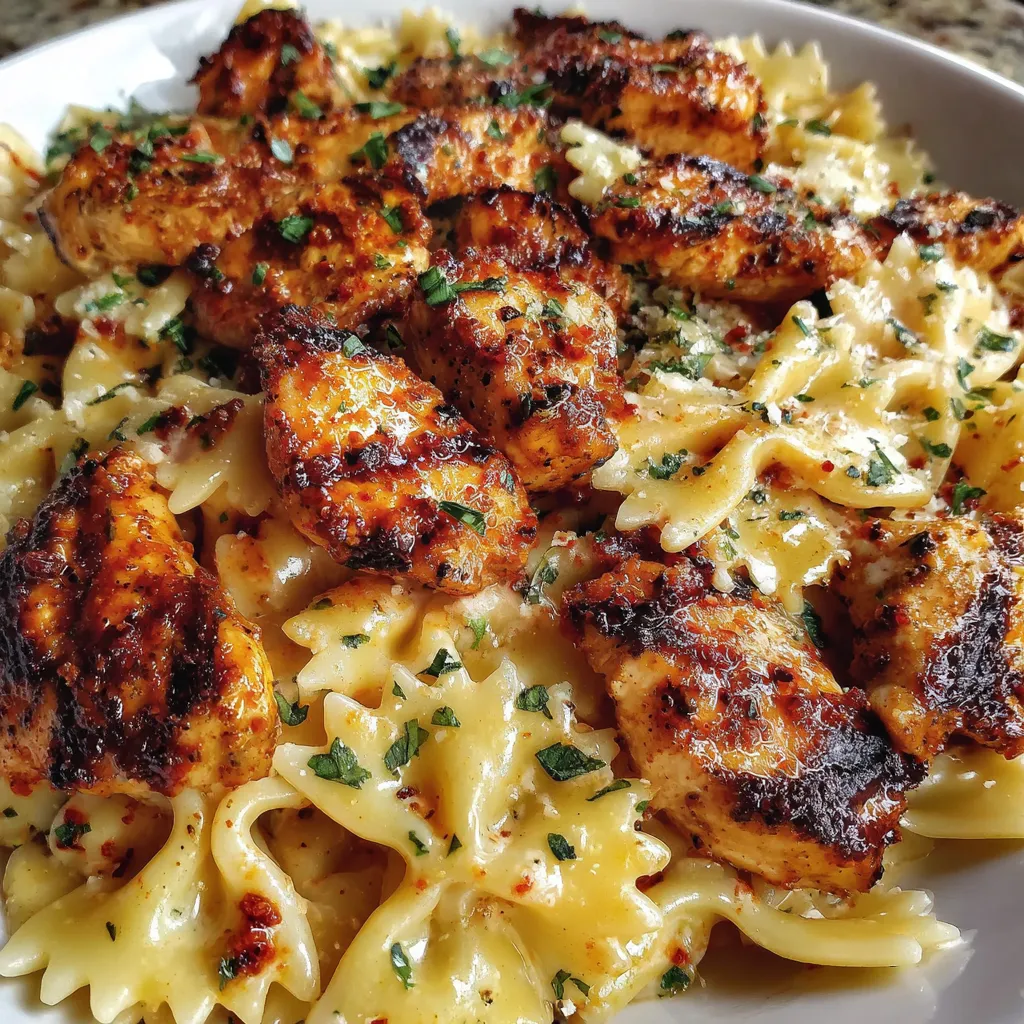 SPICY CAJUN CHICKEN BOWTIE PASTA IN CHEESY ALFREDO SAUCE