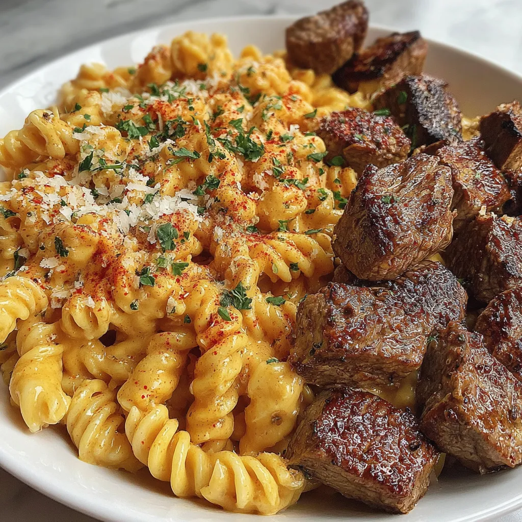 Cajun Steak Tips in Cheesy Parmesan Rotini