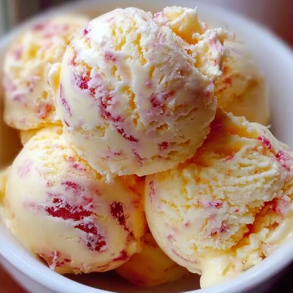 A bowl of ice cream with red and yellow swirls.