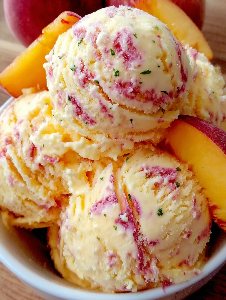 A bowl of ice cream with peaches on top.
