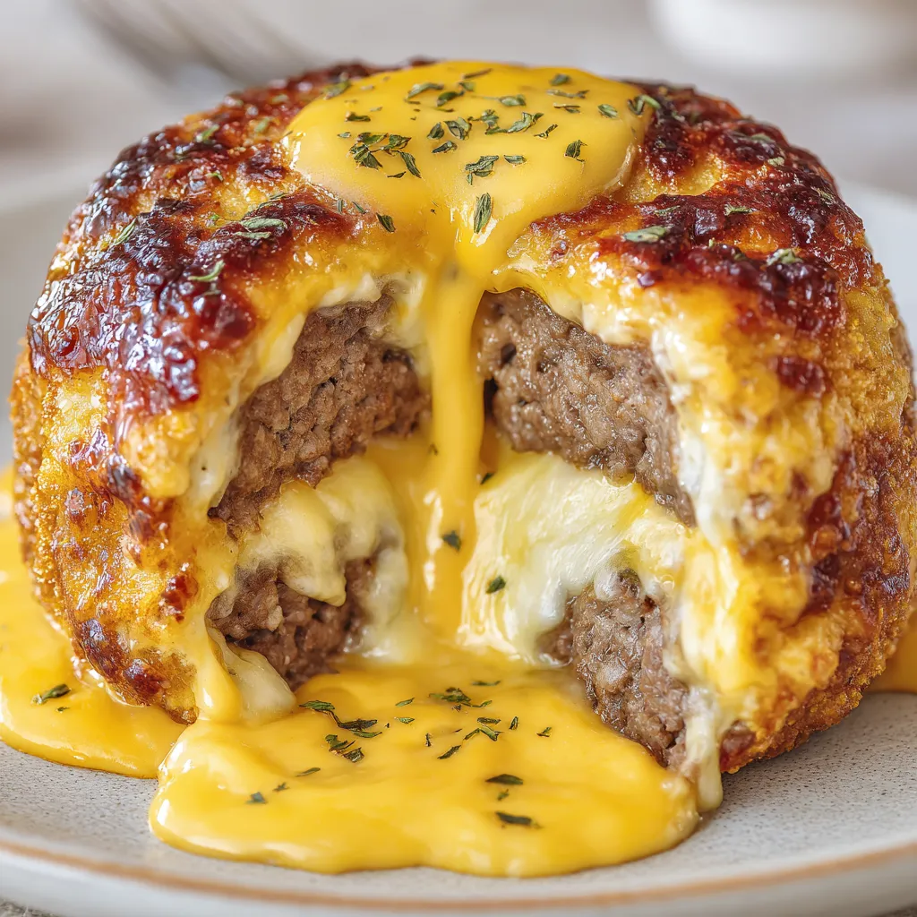 A cheesy meatball on a plate.