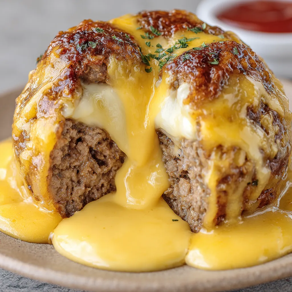 A meatball covered in cheese and sauce.