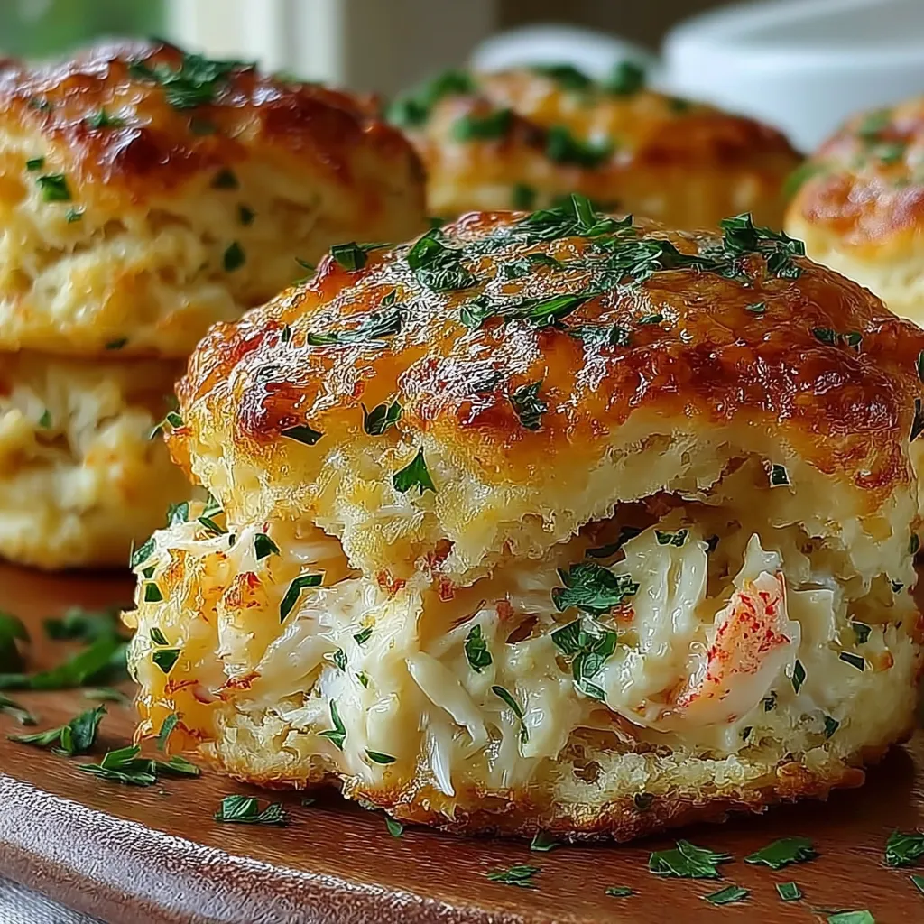 A plate of biscuits with crab meat and herbs.