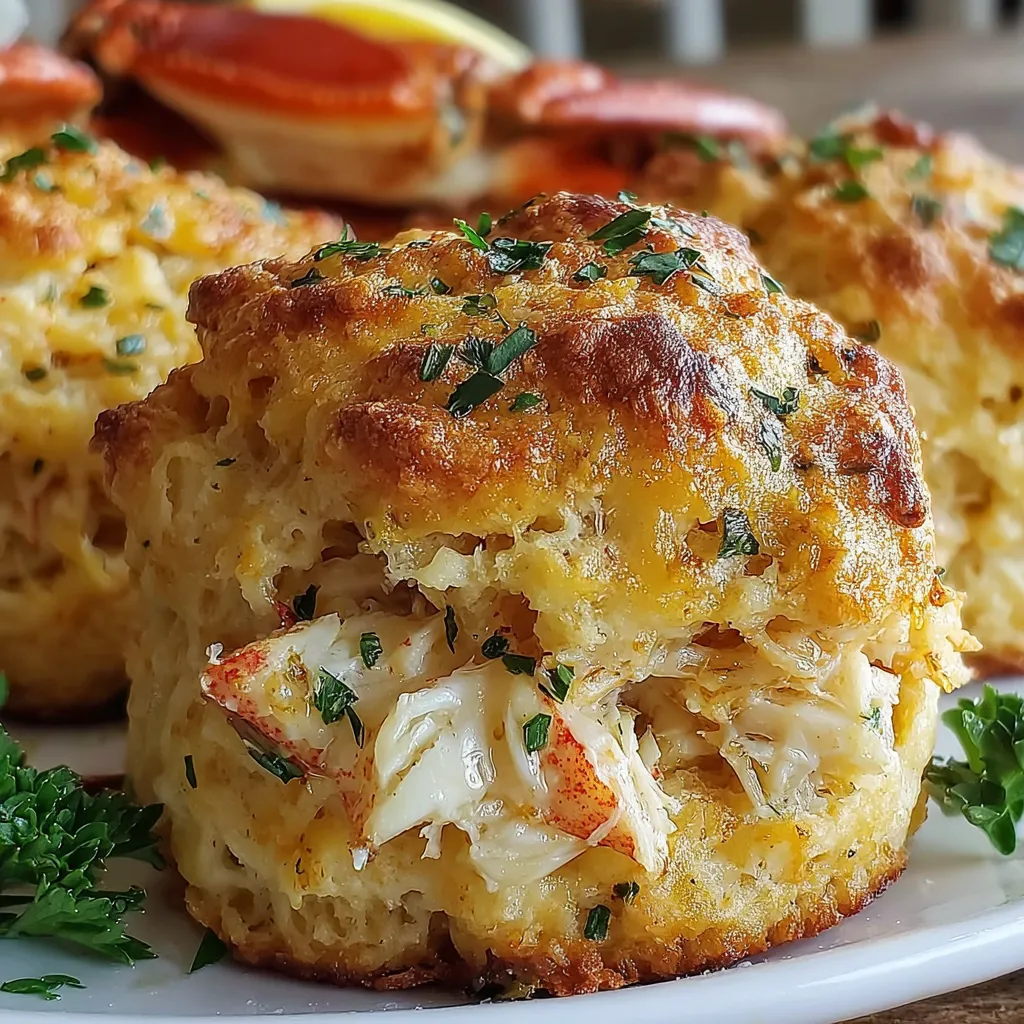 A plate of biscuits with crab meat on top.