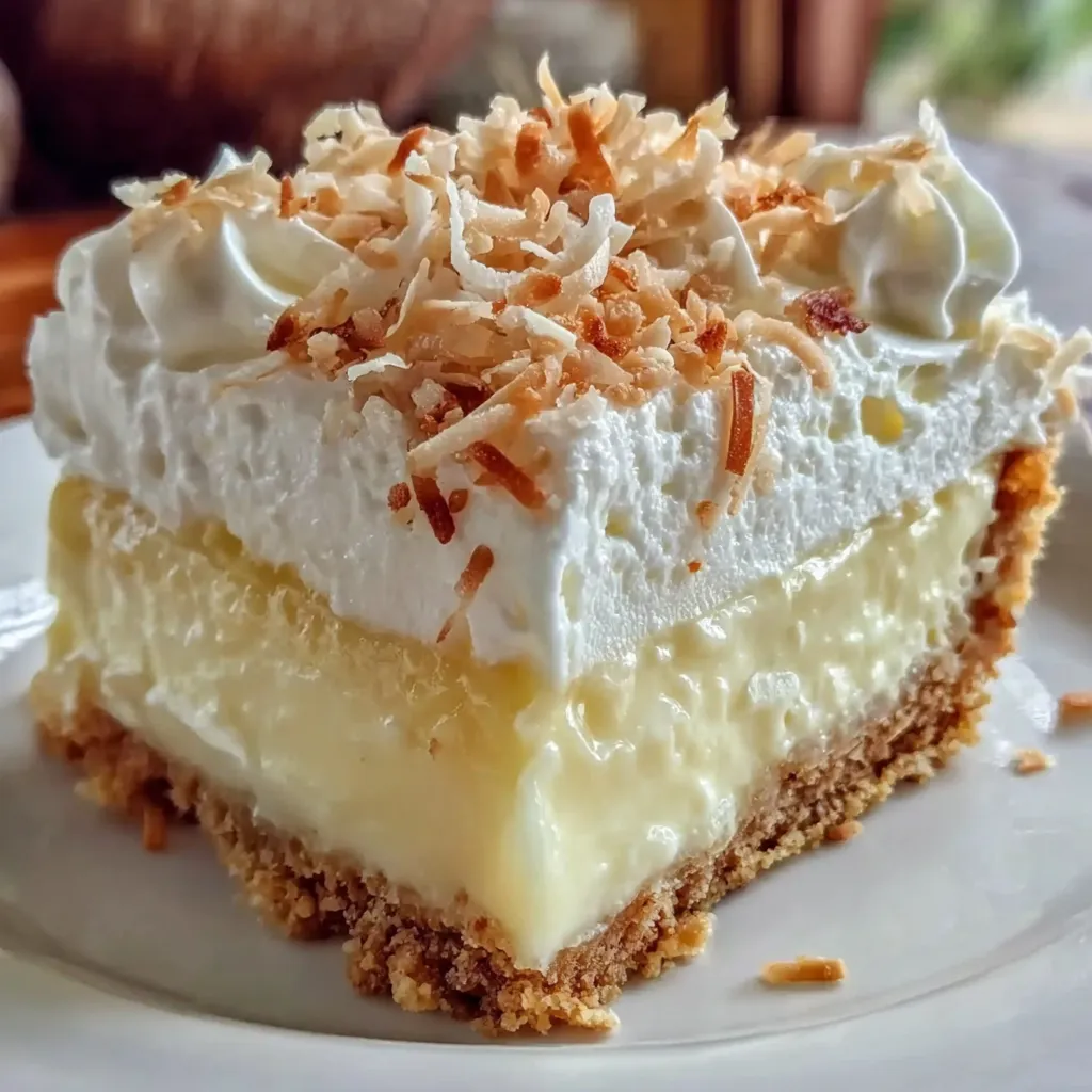 A slice of pie with coconut on top.