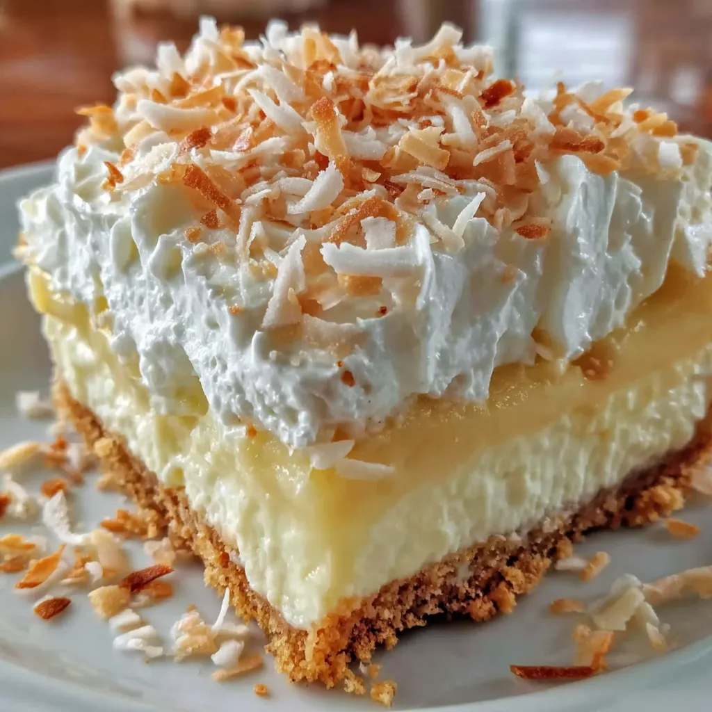 A slice of cake with white frosting and coconut on top.