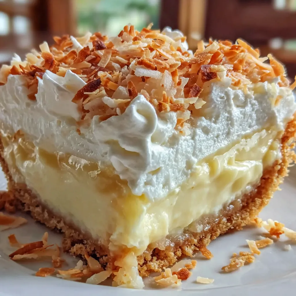 A slice of pie with coconut on top.