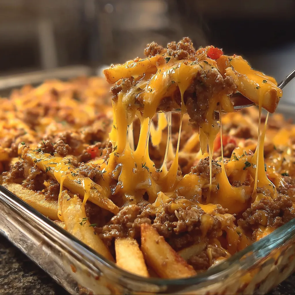 A close up of a cheesy casserole with a fork in it.