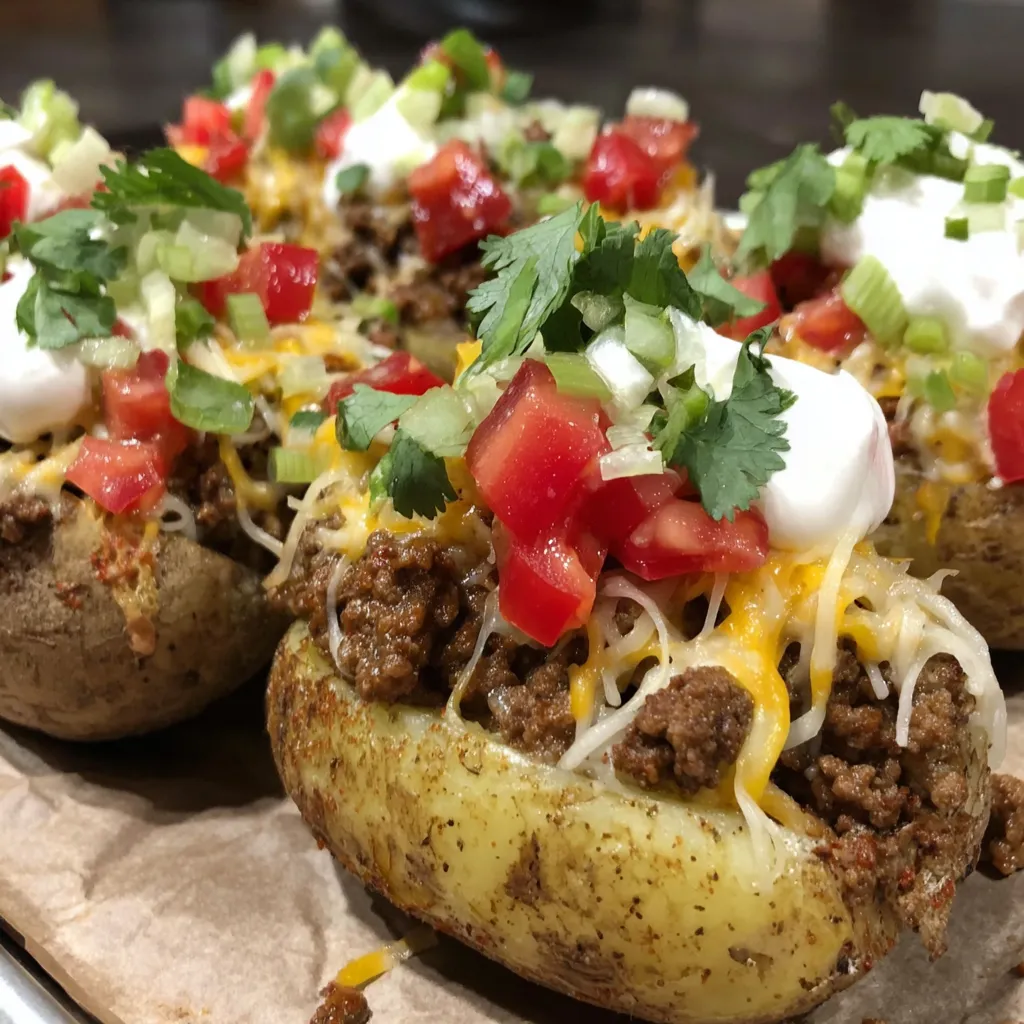 Two potatoes with meat and cheese on top.