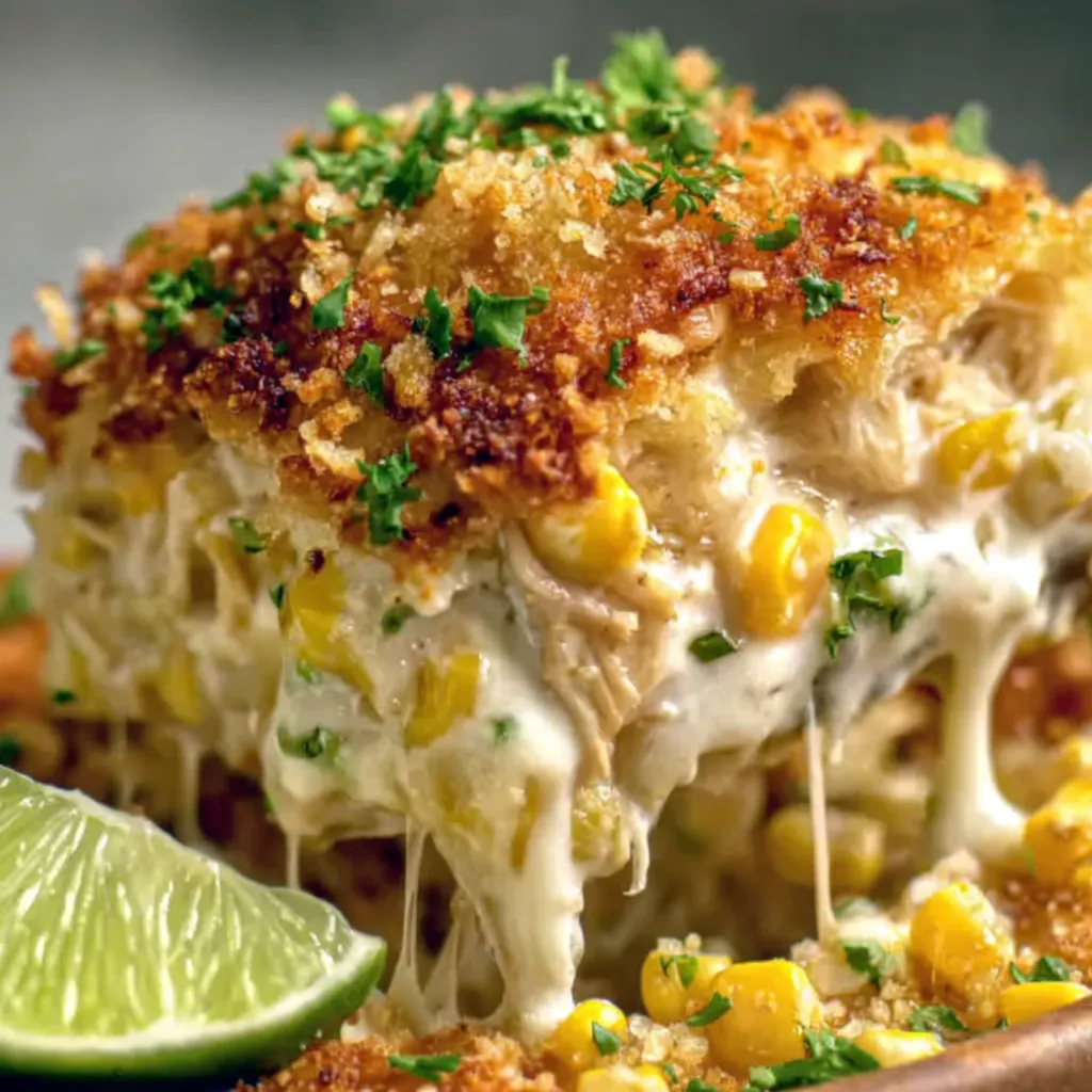 A close up of a piece of food with cheese and corn.