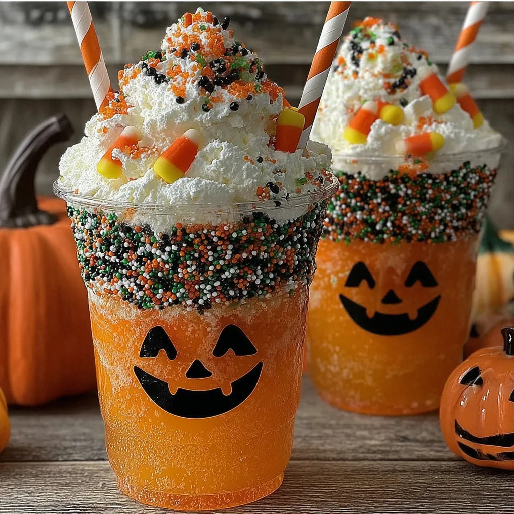 Two orange drinks with pumpkin and candy decorations.
