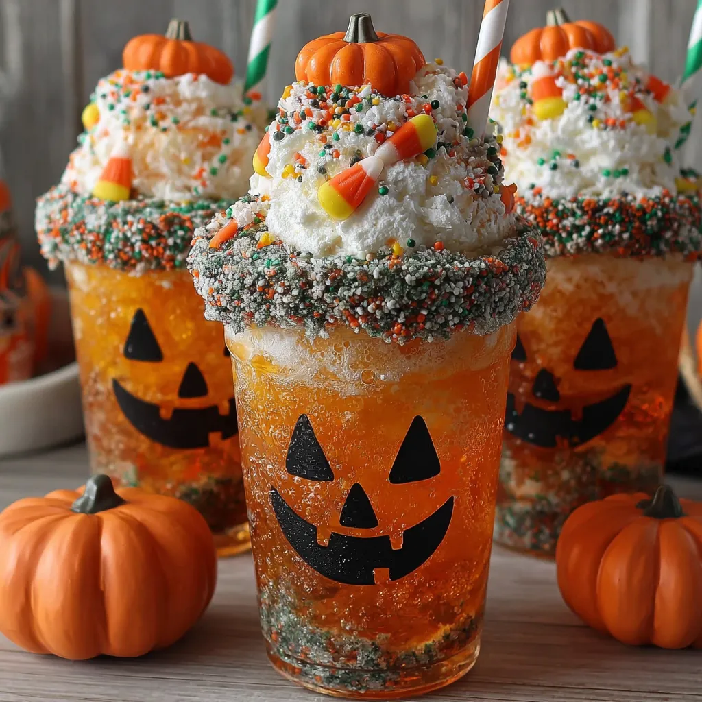 A glass of orange and white frosting with a pumpkin on top.