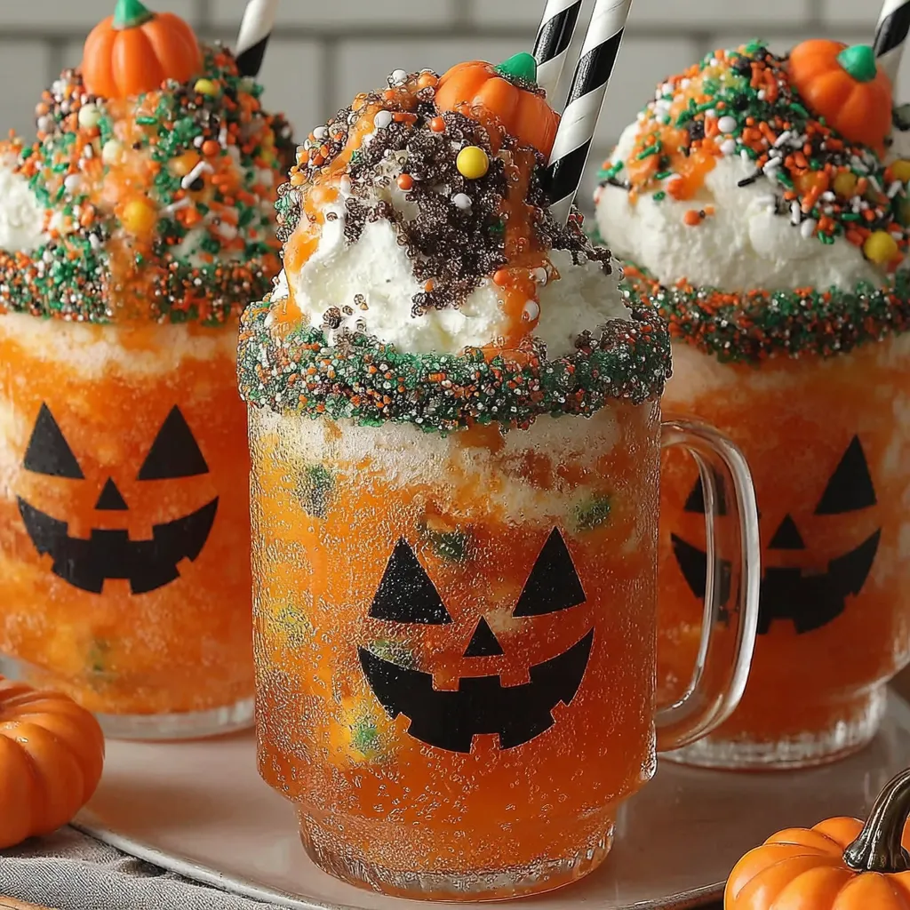 Three orange drinks with pumpkin decorations.