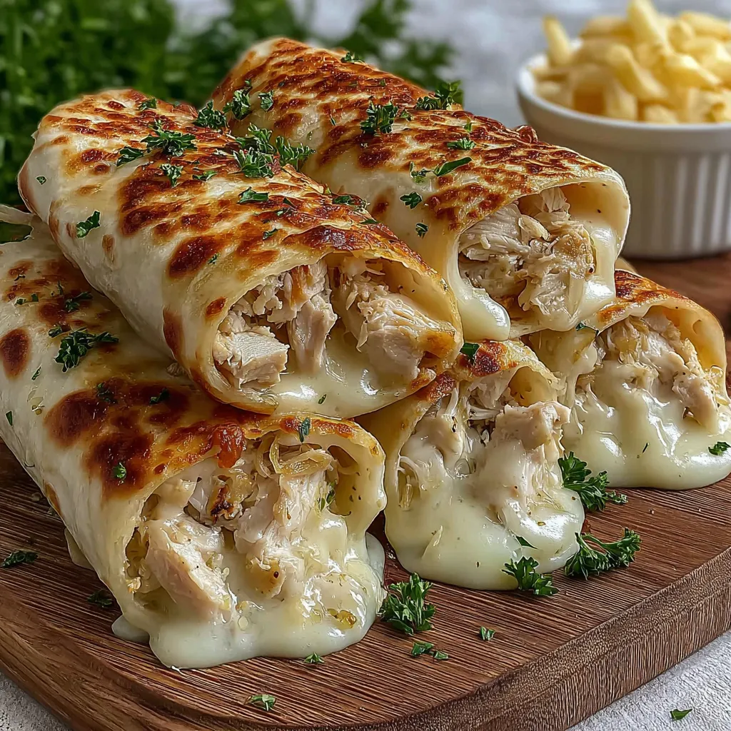 A stack of chicken and cheese wraps.