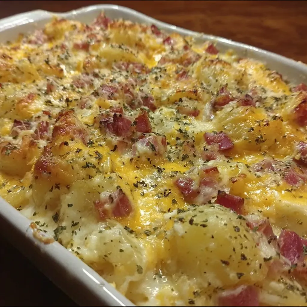 A white bowl filled with a cheesy, bacon-covered dish.