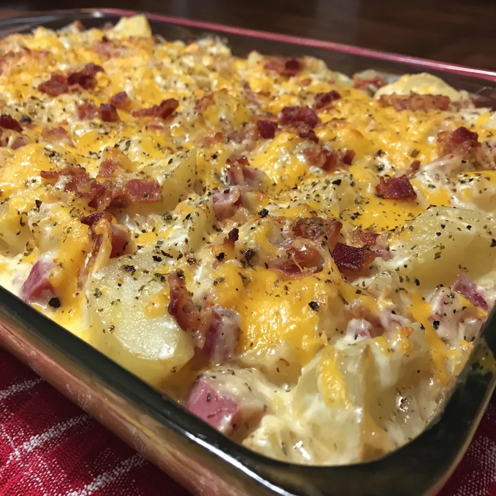 A casserole dish filled with bacon and cheese.
