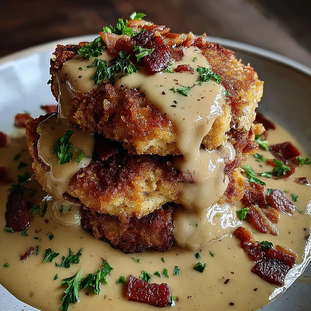 A stack of bacon covered in gravy.