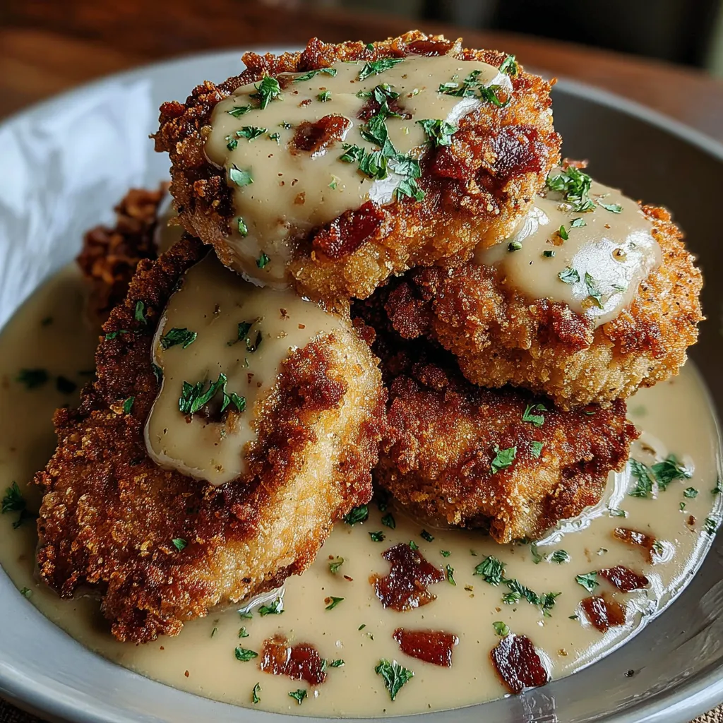 A plate of breaded meat with gravy.